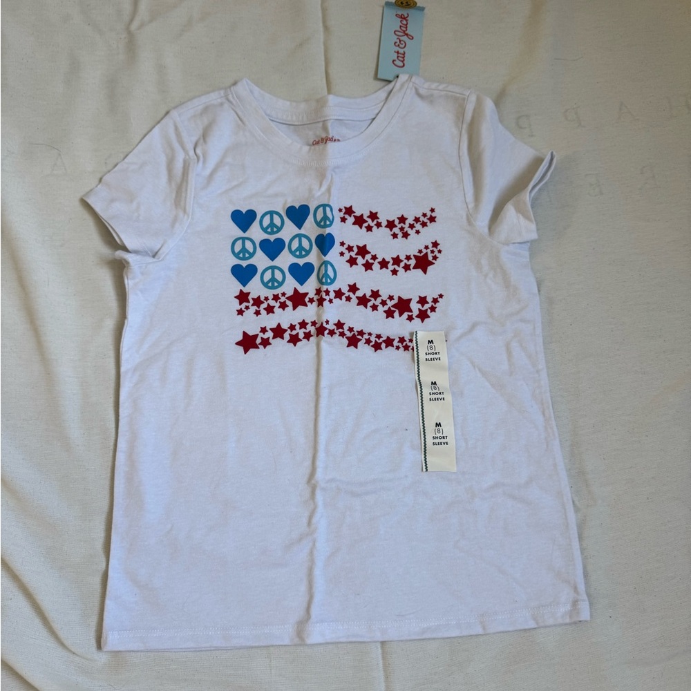 Cat & Jack White Tee with Red and Blue Peace Design